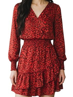Michael Kors Julia Dress XL Red Leopard Smocked Ruffle NWT